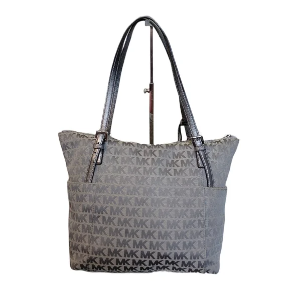Michael Kors Jet Set Gray Logo Tote Monagrammed Shoulder Bag - Picture 3 of 13